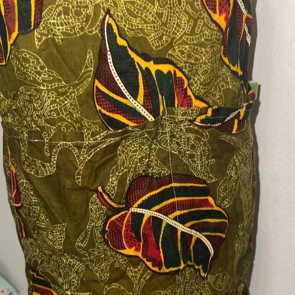 Timbali Crafts Apron Olive Green Leaf Print Artisan Made Ghana Pocket